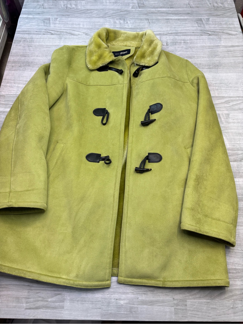 Marco Polo Suede Toggle Pea Coat In Chartreuse With Faux Shearling Collar